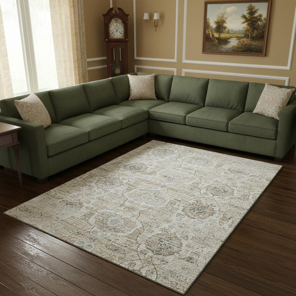 HomeRoots 10' X 14' Linen Floral Medallion Area Rug - Washable, Stain Resistant & UV Protected for Durability 644580