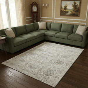 HomeRoots 10' X 14' Linen Floral Medallion Area Rug - Washable, Stain Resistant & UV Protected for Durability 644580