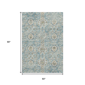 HomeRoots 5' X 8' Persian Blue Floral Medallion Area Rug - Washable, UV-Protected, Stain-Resistant Elegance 644582