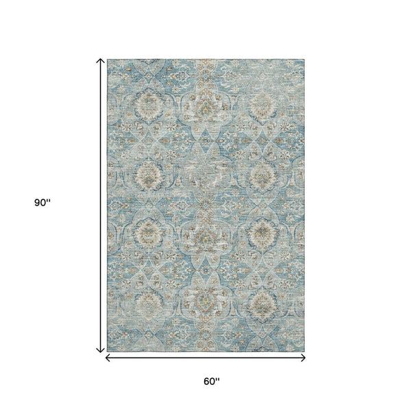 HomeRoots 5' X 8' Persian Blue Floral Medallion Area Rug - Washable, UV-Protected, Stain-Resistant Elegance 644582