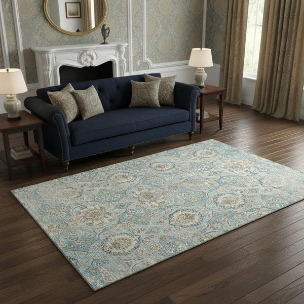 HomeRoots 5' X 8' Persian Blue Floral Medallion Area Rug - Washable, UV-Protected, Stain-Resistant Elegance 644582