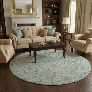 HomeRoots 8' Persian Blue Floral Medallion Round Rug - Machine Washable, UV Protected, Stain Resistant Design 644583