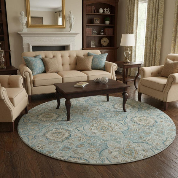 HomeRoots 8' Persian Blue Floral Medallion Round Rug - Machine Washable, UV Protected, Stain Resistant Design 644583