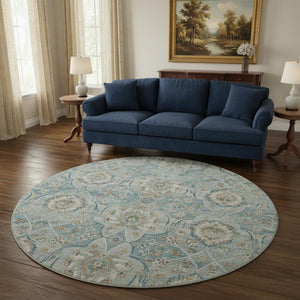 HomeRoots 8' Persian Blue Floral Medallion Round Rug - Machine Washable, UV Protected, Stain Resistant Design 644583