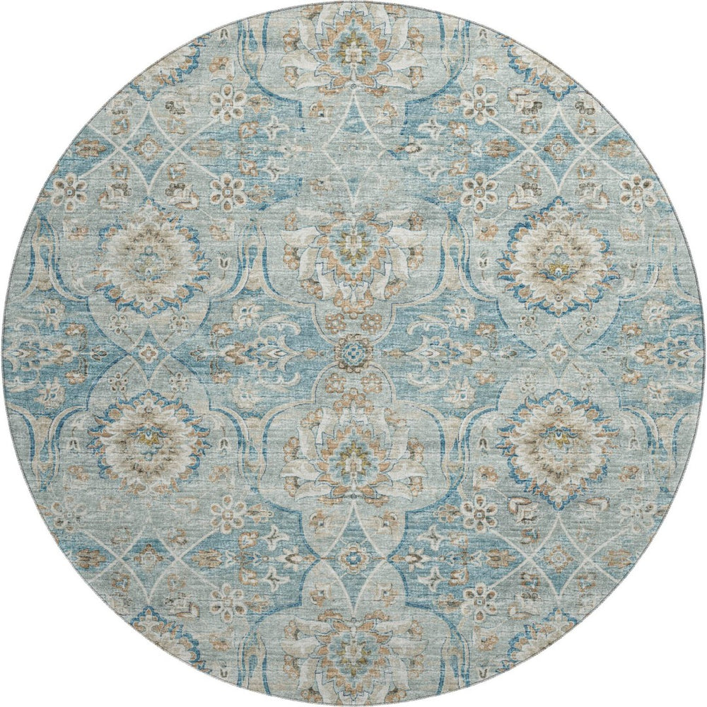 HomeRoots 8' Persian Blue Floral Medallion Round Rug - Machine Washable, UV Protected, Stain Resistant Design 644583