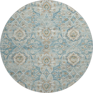 HomeRoots 8' Persian Blue Floral Medallion Round Rug - Machine Washable, UV Protected, Stain Resistant Design 644583