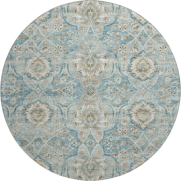 HomeRoots 8' Persian Blue Floral Medallion Round Rug - Machine Washable, UV Protected, Stain Resistant Design 644583
