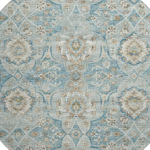 HomeRoots 8' Persian Blue Floral Medallion Round Rug - Machine Washable, UV Protected, Stain Resistant Design 644583