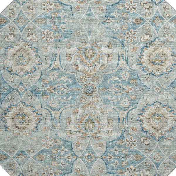HomeRoots 8' Persian Blue Floral Medallion Round Rug - Machine Washable, UV Protected, Stain Resistant Design 644583
