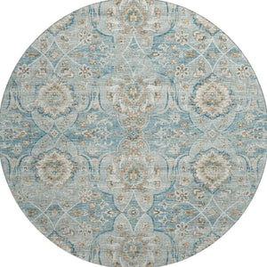 HomeRoots 8' Persian Blue Floral Medallion Round Rug - Machine Washable, UV Protected, Stain Resistant Design 644583