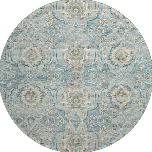 HomeRoots 8' Persian Blue Floral Medallion Round Rug - Machine Washable, UV Protected, Stain Resistant Design 644583