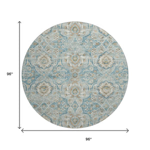 HomeRoots 8' Persian Blue Floral Medallion Round Rug - Machine Washable, UV Protected, Stain Resistant Design 644583