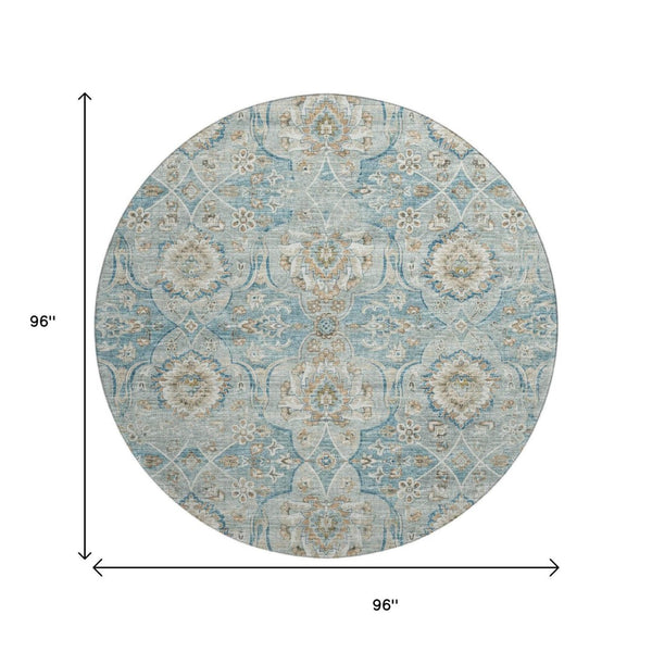 HomeRoots 8' Persian Blue Floral Medallion Round Rug - Machine Washable, UV Protected, Stain Resistant Design 644583