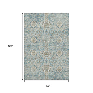 HomeRoots 8' X 10' Persian Blue Floral Medallion Washable Area Rug with UV Protection for Modern Homes 644584