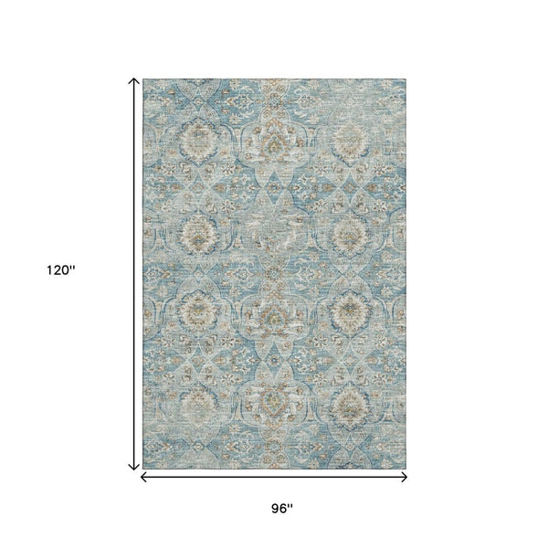 HomeRoots 8' X 10' Persian Blue Floral Medallion Washable Area Rug with UV Protection for Modern Homes 644584