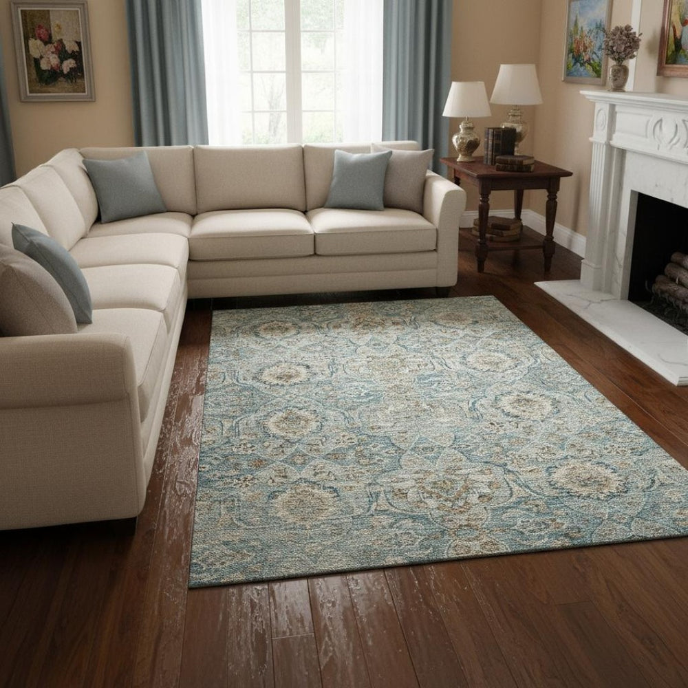 HomeRoots 8' X 10' Persian Blue Floral Medallion Washable Area Rug with UV Protection for Modern Homes 644584