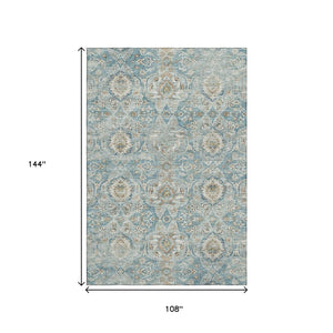 HomeRoots 9' X 12' Persian Blue Floral Medallion Area Rug – Washable, Stain-Resistant, UV Protected Decor Piece 644585