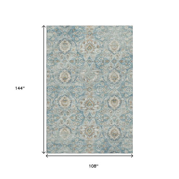 HomeRoots 9' X 12' Persian Blue Floral Medallion Area Rug – Washable, Stain-Resistant, UV Protected Decor Piece 644585