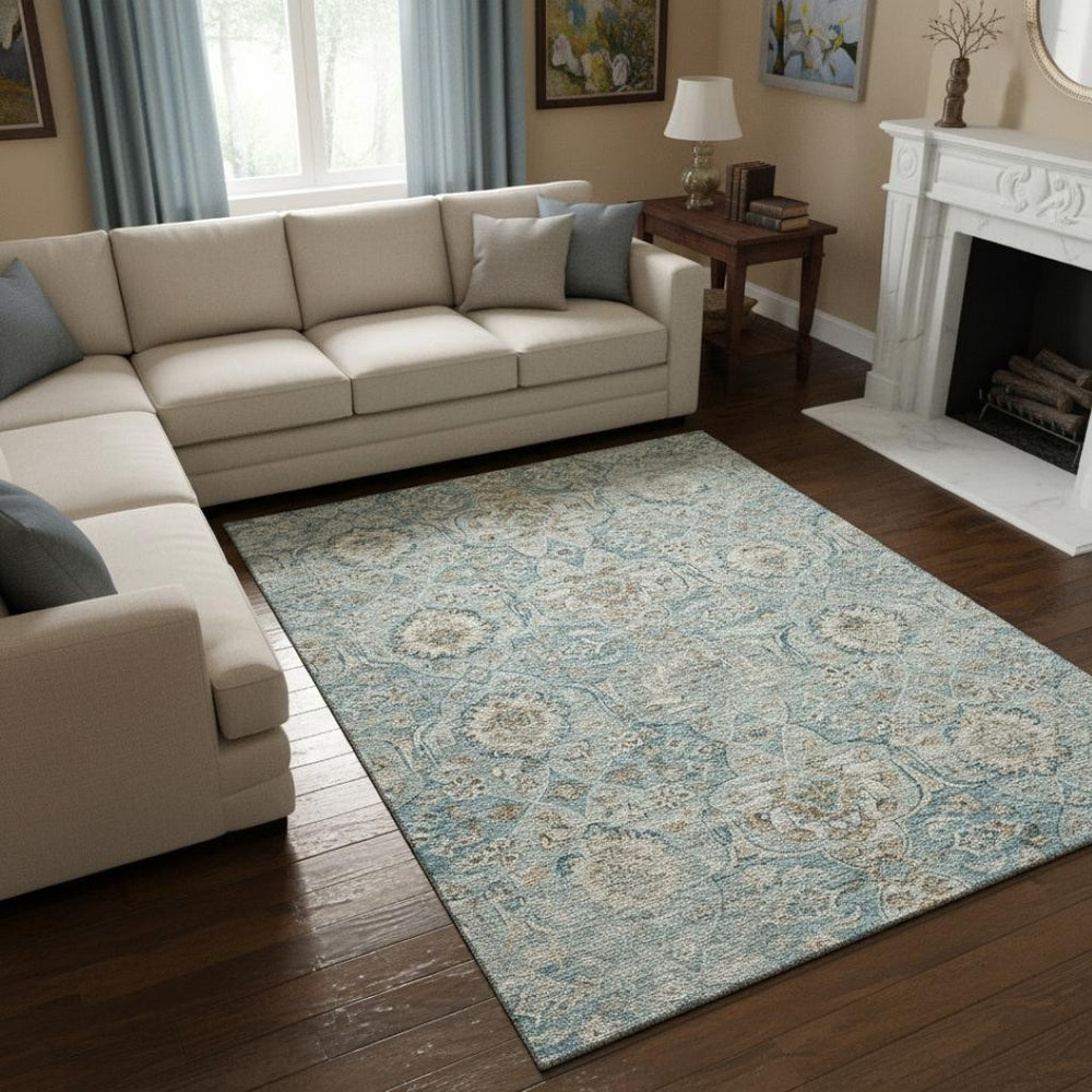 HomeRoots 9' X 12' Persian Blue Floral Medallion Area Rug – Washable, Stain-Resistant, UV Protected Decor Piece 644585