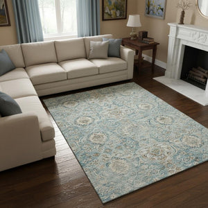 HomeRoots 9' X 12' Persian Blue Floral Medallion Area Rug – Washable, Stain-Resistant, UV Protected Decor Piece 644585