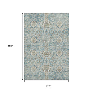 HomeRoots 10' X 14' Persian Blue Floral Medallion Area Rug - Durable, Washable, Stain-Resistant with UV Protection 644586