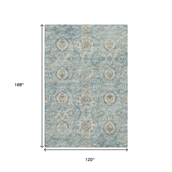 HomeRoots 10' X 14' Persian Blue Floral Medallion Area Rug - Durable, Washable, Stain-Resistant with UV Protection 644586