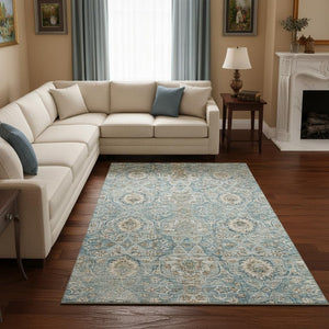 HomeRoots 10' X 14' Persian Blue Floral Medallion Area Rug - Durable, Washable, Stain-Resistant with UV Protection 644586