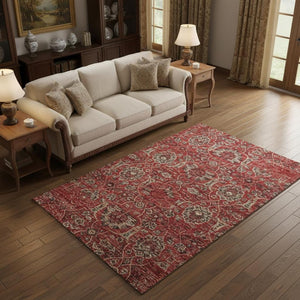 HomeRoots 5' X 8' Red And Beige Floral Medallion Area Rug - Washable, Stain Resistant & UV Protected Design 644588