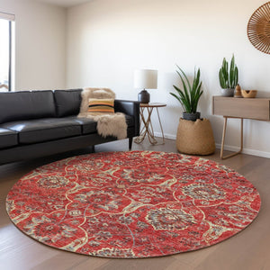 HomeRoots 8' Red Floral Medallion Washable Round Rug with UV Protection - Perfect for Family and Patio Spaces! 644589