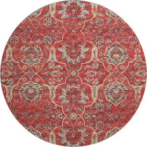 HomeRoots 8' Red Floral Medallion Washable Round Rug with UV Protection - Perfect for Family and Patio Spaces! 644589