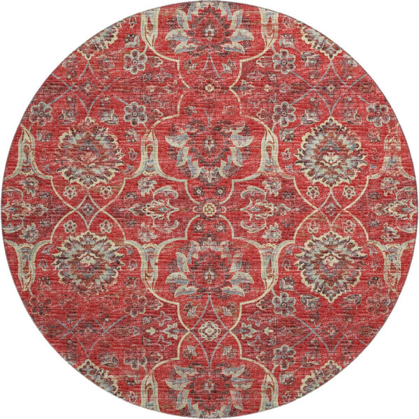 HomeRoots 8' Red Floral Medallion Washable Round Rug with UV Protection - Perfect for Family and Patio Spaces! 644589