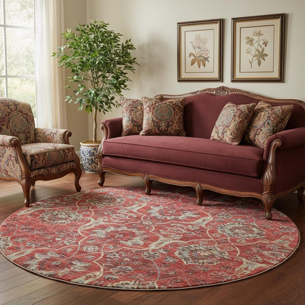HomeRoots 8' Red Floral Medallion Washable Round Rug with UV Protection - Perfect for Family and Patio Spaces! 644589