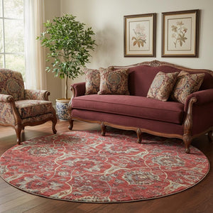 HomeRoots 8' Red Floral Medallion Washable Round Rug with UV Protection - Perfect for Family and Patio Spaces! 644589