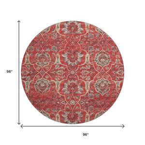 HomeRoots 8' Red Floral Medallion Washable Round Rug with UV Protection - Perfect for Family and Patio Spaces! 644589