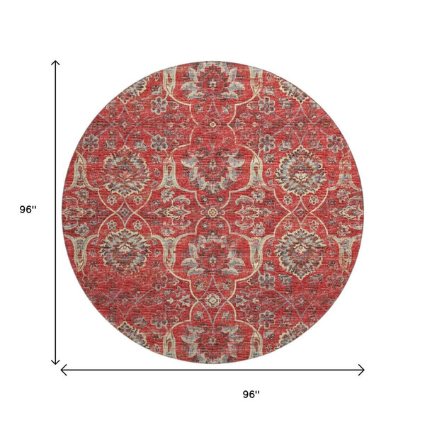 HomeRoots 8' Red Floral Medallion Washable Round Rug with UV Protection - Perfect for Family and Patio Spaces! 644589