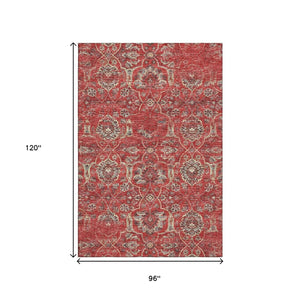 HomeRoots 8' X 10' Red and Beige Floral Medallion Area Rug - Washable, UV-Protected, Kid & Pet Friendly Design 644590