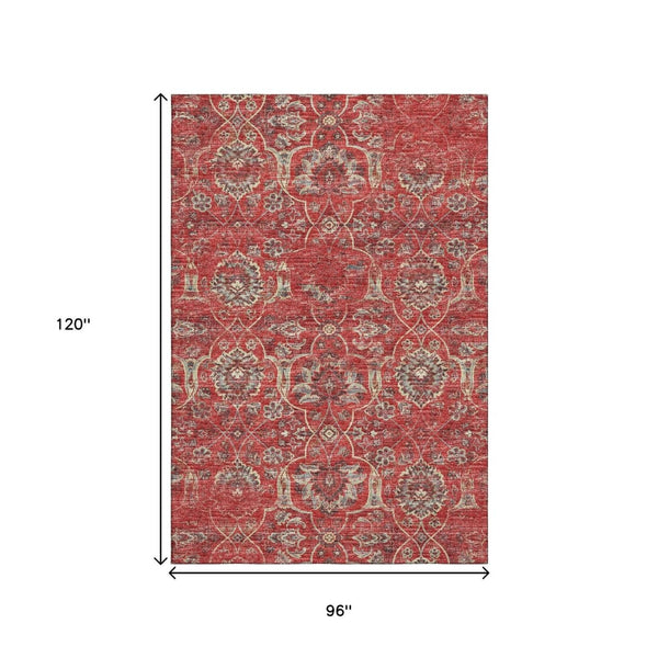 HomeRoots 8' X 10' Red and Beige Floral Medallion Area Rug - Washable, UV-Protected, Kid & Pet Friendly Design 644590