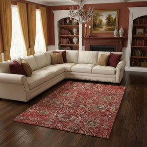 HomeRoots 8' X 10' Red and Beige Floral Medallion Area Rug - Washable, UV-Protected, Kid & Pet Friendly Design 644590