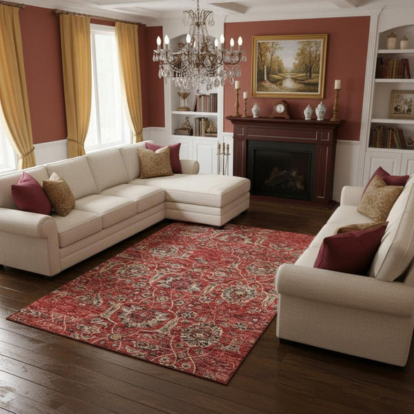 HomeRoots 9' X 12' Elegant Red & Beige Floral Medallion Area Rug - Washable, UV Protected, Stain-Resistant 644591