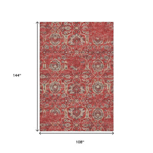 HomeRoots 9' X 12' Elegant Red & Beige Floral Medallion Area Rug - Washable, UV Protected, Stain-Resistant 644591