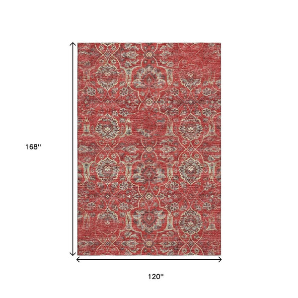 HomeRoots 10' X 14' Red and Beige Floral Medallion Area Rug – Washable, UV Protected, Pet-Friendly Elegance 644592