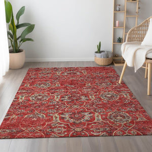 HomeRoots 10' X 14' Red and Beige Floral Medallion Area Rug – Washable, UV Protected, Pet-Friendly Elegance 644592