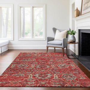HomeRoots 10' X 14' Red and Beige Floral Medallion Area Rug – Washable, UV Protected, Pet-Friendly Elegance 644592