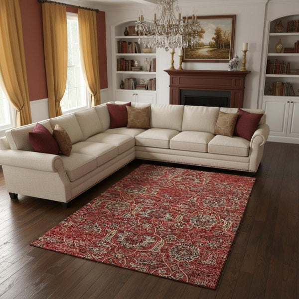 HomeRoots 10' X 14' Red and Beige Floral Medallion Area Rug – Washable, UV Protected, Pet-Friendly Elegance 644592