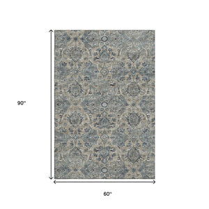 HomeRoots 5' X 8' Denim Blue & Gray Floral Medallion Area Rug - Machine Washable, UV Protected, Stylish & Durable 644594