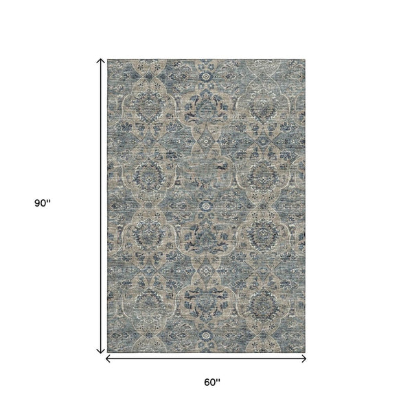 HomeRoots 5' X 8' Denim Blue & Gray Floral Medallion Area Rug - Machine Washable, UV Protected, Stylish & Durable 644594