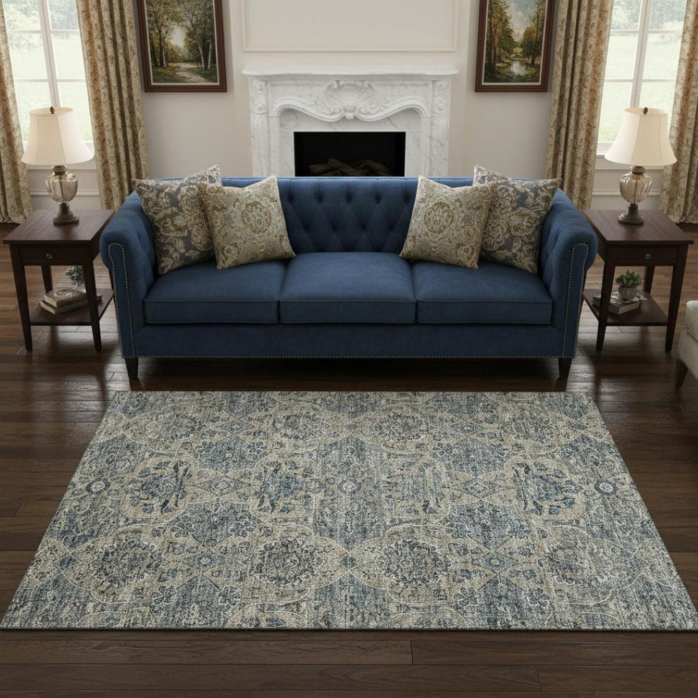 HomeRoots 5' X 8' Denim Blue & Gray Floral Medallion Area Rug - Machine Washable, UV Protected, Stylish & Durable 644594