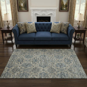 HomeRoots 5' X 8' Denim Blue & Gray Floral Medallion Area Rug - Machine Washable, UV Protected, Stylish & Durable 644594