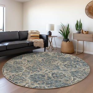 HomeRoots 8' Denim Blue & Gray Floral Medallion Round Rug - Washable, UV Protection, Perfect for Any Room! 644595