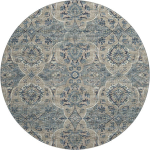 HomeRoots 8' Denim Blue & Gray Floral Medallion Round Rug - Washable, UV Protection, Perfect for Any Room! 644595